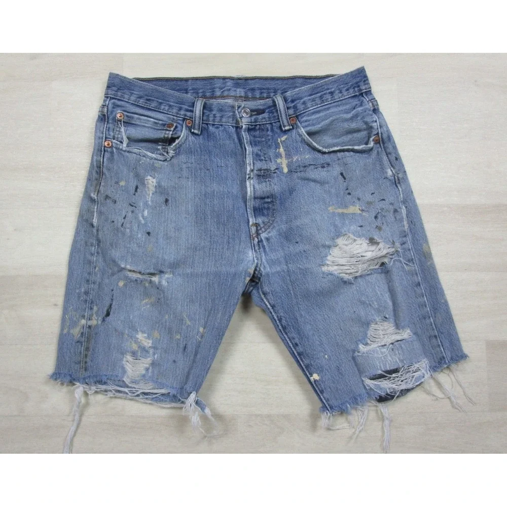 Levi's 501 Denim Jean Shorts Men's (30) Cut Off Grunge Thrashed Paint Splatter